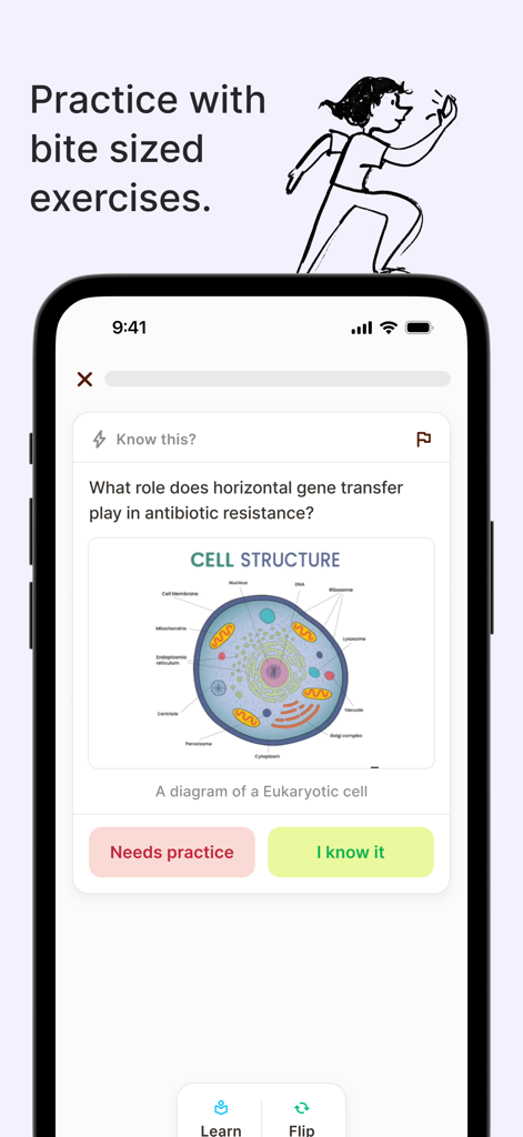 Campus - AI Learning Companion - Campus AI app interface showing a biology practice question with a cell structure diagram and active recall buttons.