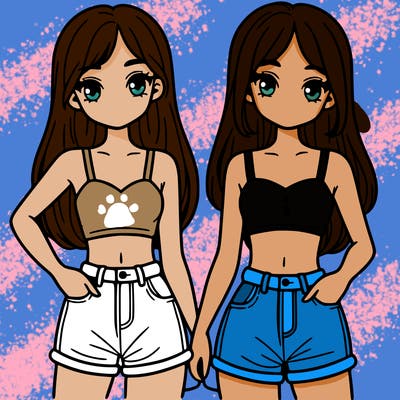 two sisters with crop tops and jean shorts and straight hair
