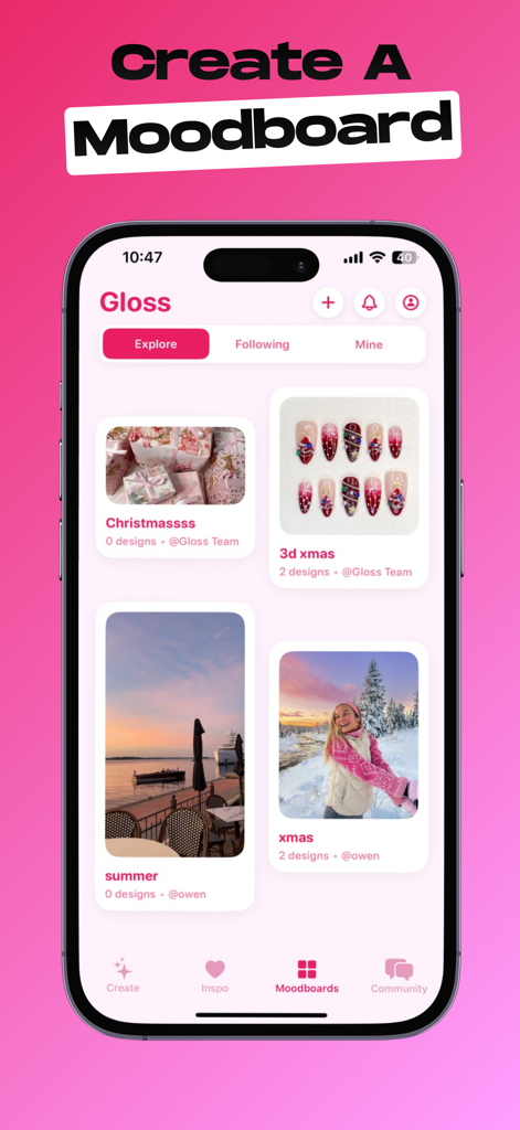 Gloss Nail Art - A smartphone showing the moodboard interface of the Gloss app where users can create and explore thematic nail art inspiration collections.
