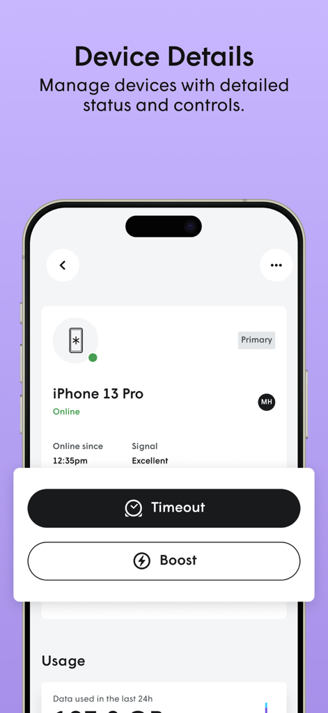 A smartphone screen displaying the Plume Home app with device management options for an iPhone 13 Pro including status and control buttons