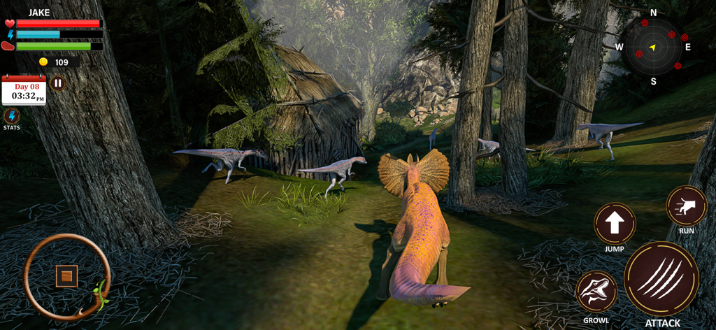 A 3D dinosaur survival simulator gameplay screen showing a Dilophosaurus in a forest with survival HUD and action buttons.