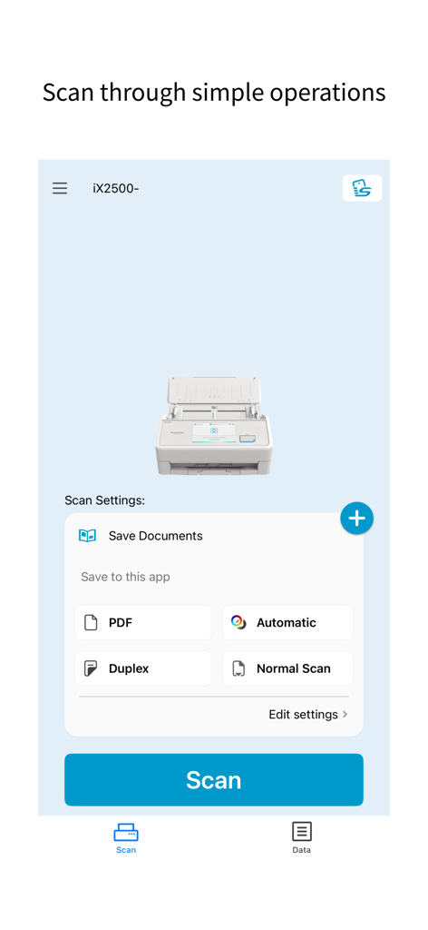 ScanSnap Home - Interface de l'application mobile ScanSnap Home montrant les paramètres de numérisation de documents et un grand bouton de numérisation bleu