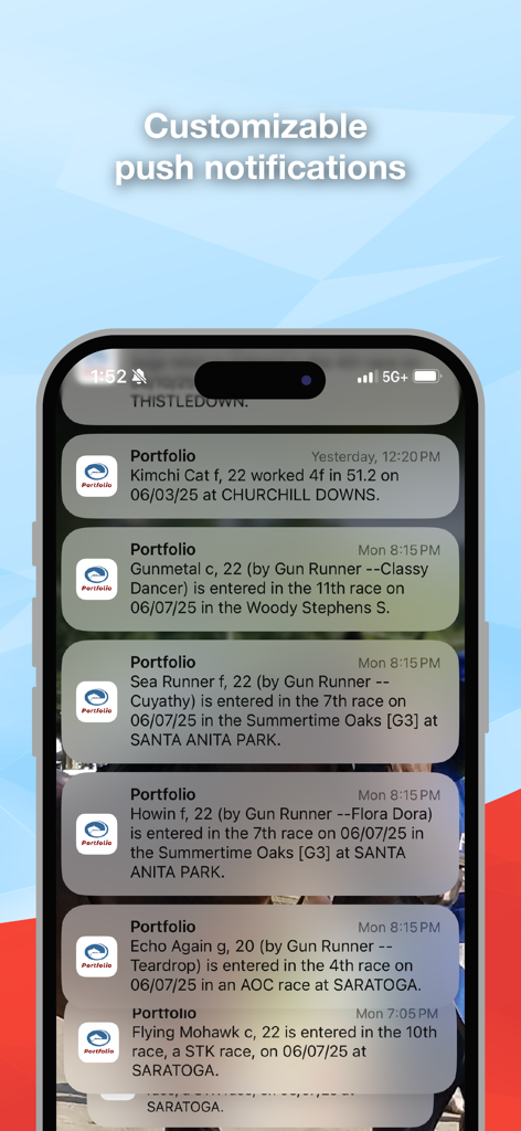 Equineline Portfolio - Smartphone screen displaying customizable push notifications for horse race entries and workout updates