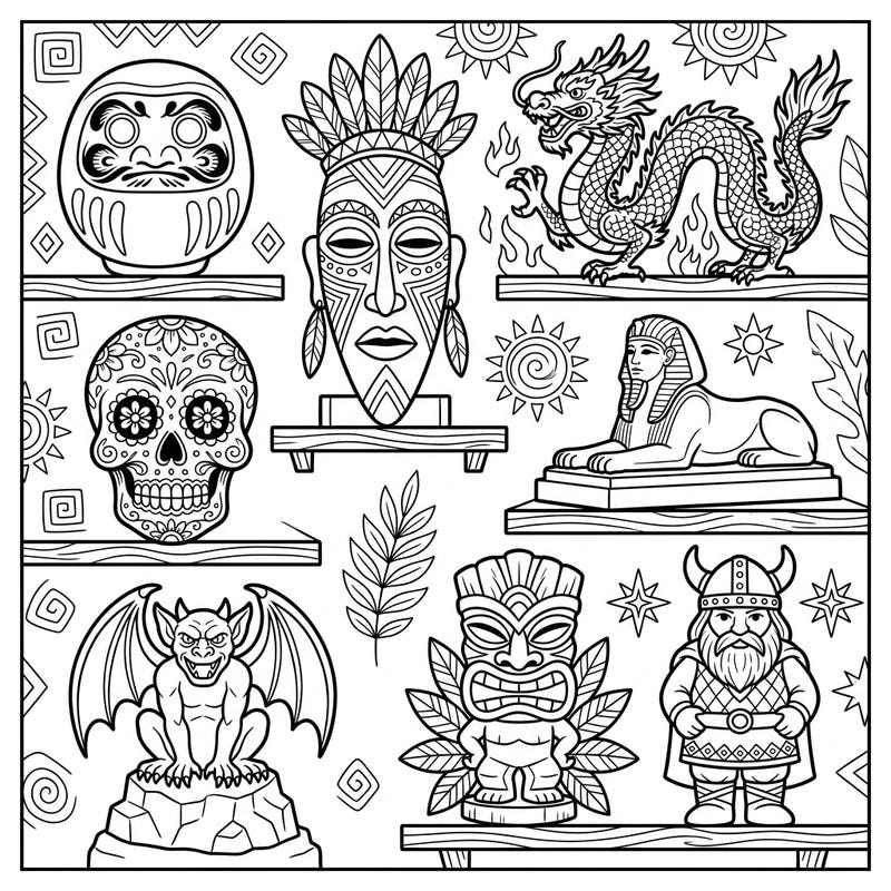 Embark on a creative journey around the world with this captivating coloring page featuring an array of cultural icon statues. From ancient legends to unique traditions, each figure invites you to add your personal touch.