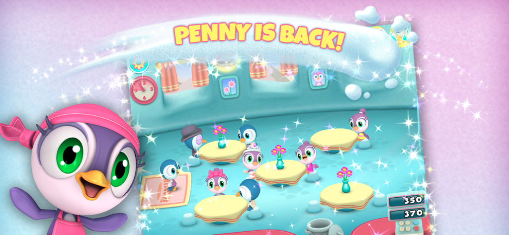 Penny the Penguin in her 3D diner with several penguin customers at tables