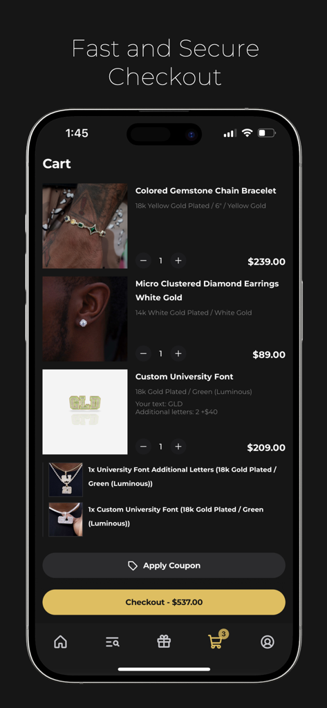 Shopping cart interface of The GLD Shop app with luxury jewelry and secure checkout button