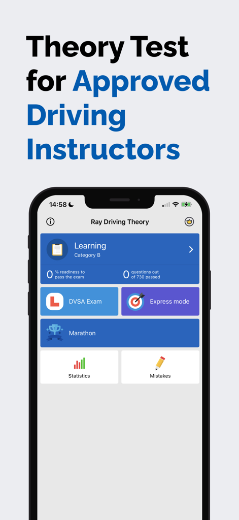 ADI Theory Test Kit 2026 RAY - Dashboard of the ADI Theory Test Kit app showing study modes like DVSA Exam and Express mode