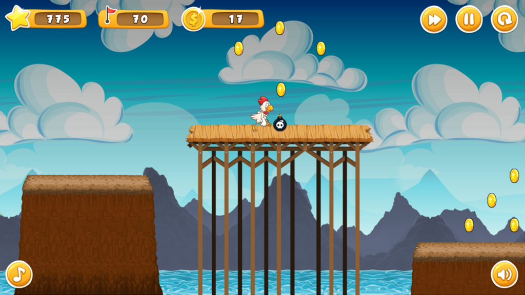 A cartoon chicken character running on a platform while avoiding a bomb and collecting gold coins.