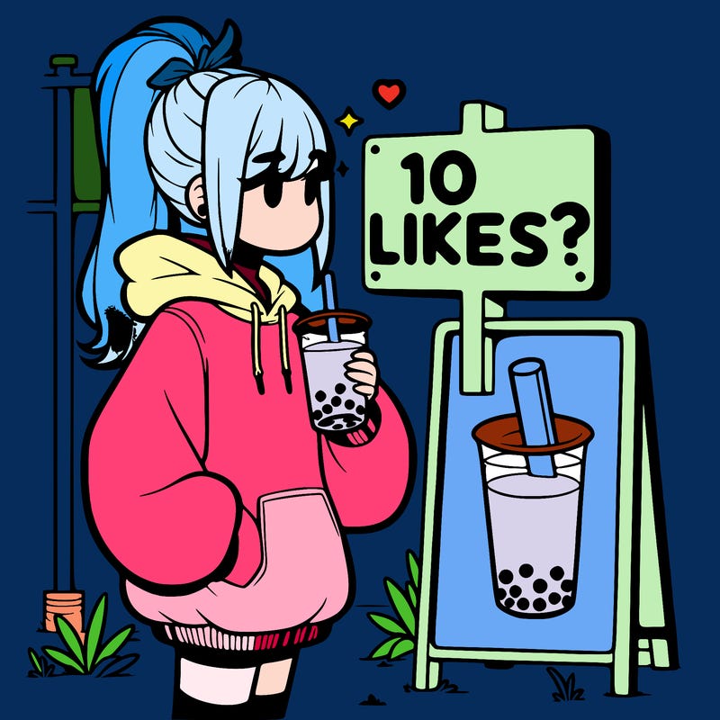 girl with oversized hoodie drinking boba and she has a high ponytail with a sign that says 10likes?
