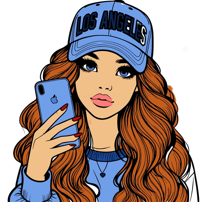 realistic beautiful girl wearing los ángeles cap holding an iphone
