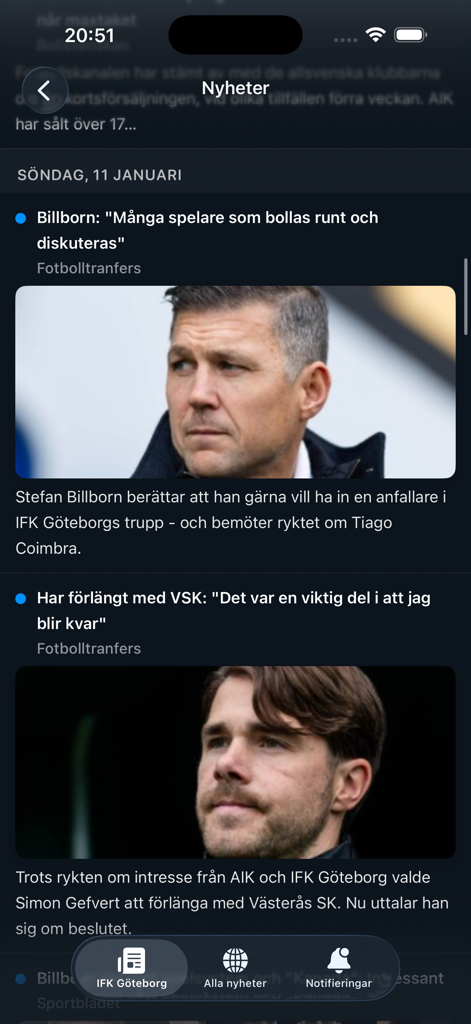 Allsvenskan 2026 - The news feed of the Allsvenskan 2026 app displaying Swedish football transfer updates and headlines.