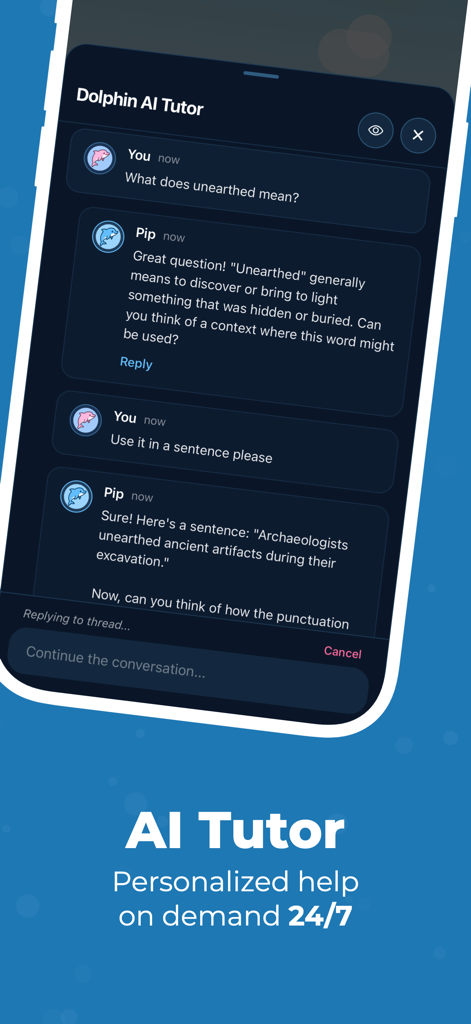 A conversational interface with an AI tutor explaining SAT vocabulary words.