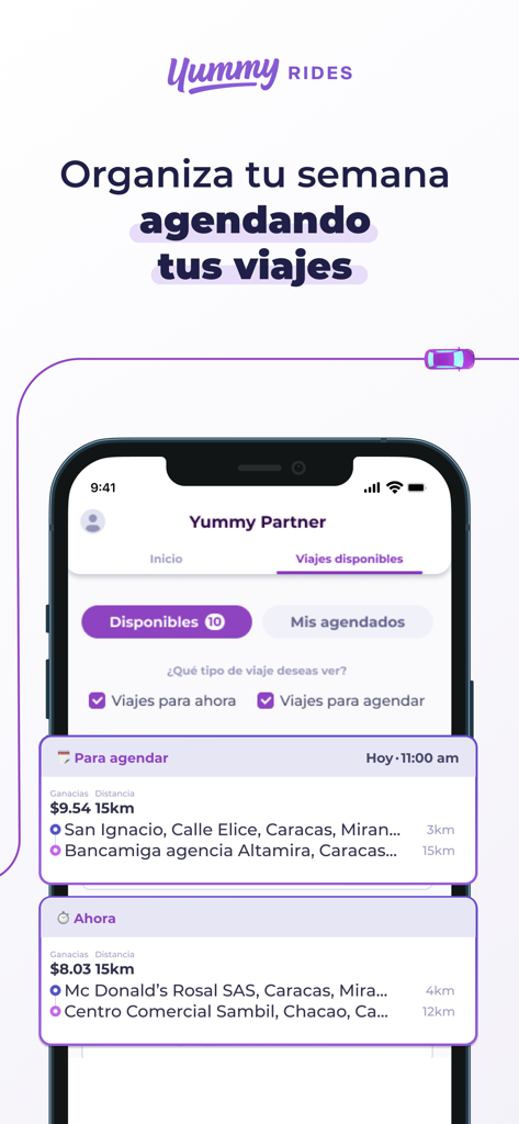Yummy Rides - Viaja y Conduce - Yummy Rides app interface for drivers showing available and scheduled trips in Caracas Venezuela