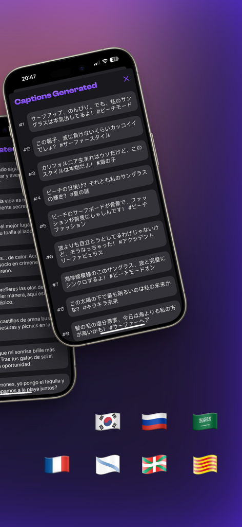Photo Caption Generator AI - Una pantalla de iPhone que muestra títulos generados por IA en japonés para redes sociales con banderas internacionales que representan el soporte multilingüe.