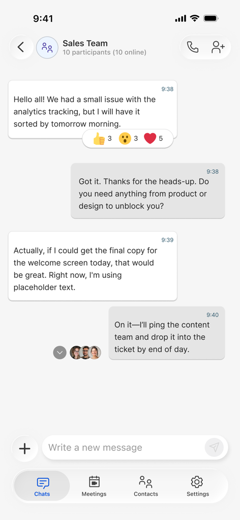 Tela de chat em grupo do HCL Sametime mostrando uma conversa profissional entre membros da equipe em um dispositivo móvel.
