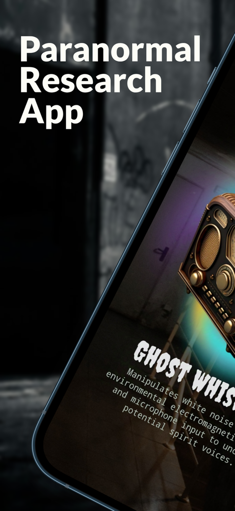 Smartphone screen displaying the Spirit Box Ghost Whispers paranormal research app with a vintage spirit box illustration