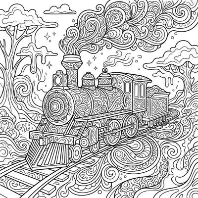 Dive into a vibrant world where the classic locomotive meets mind-bending psychedelic patterns. This intricate coloring page invites you to transform a traditional train into an explosion of color and creativity.