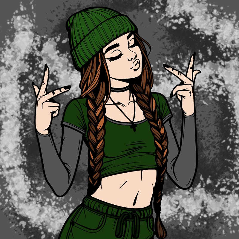 realistic teenage girl with braids and a beanie and crop top doing 🫶🏼