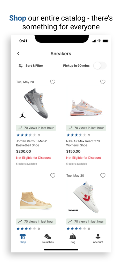 Hibbett app interface displaying a catalog of sneakers from popular brands like Nike and Jordan