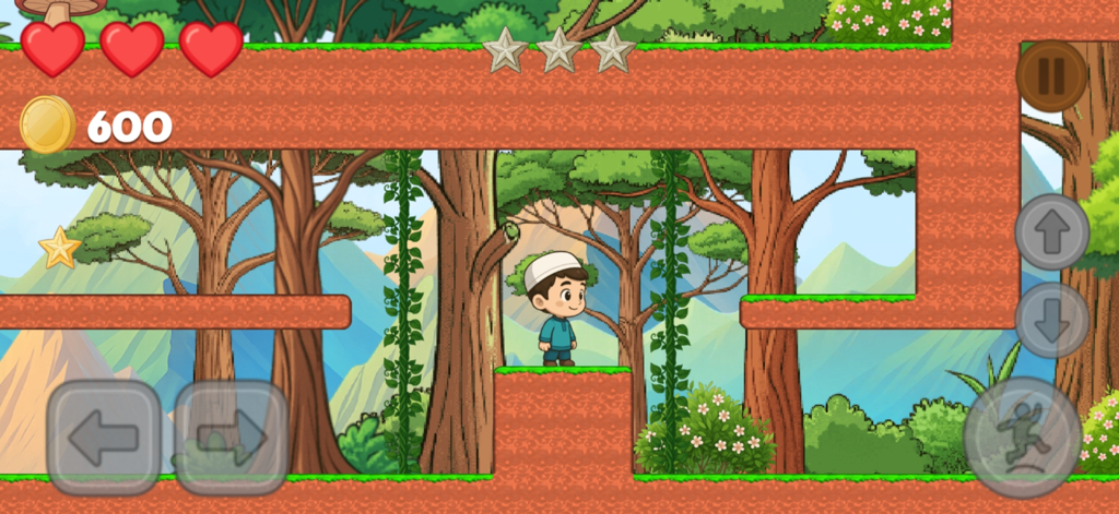 Hamza's Journey - A 2D platformer gameplay screen of Hamzas Journey showing a young boy character in a forest setting with on screen controls