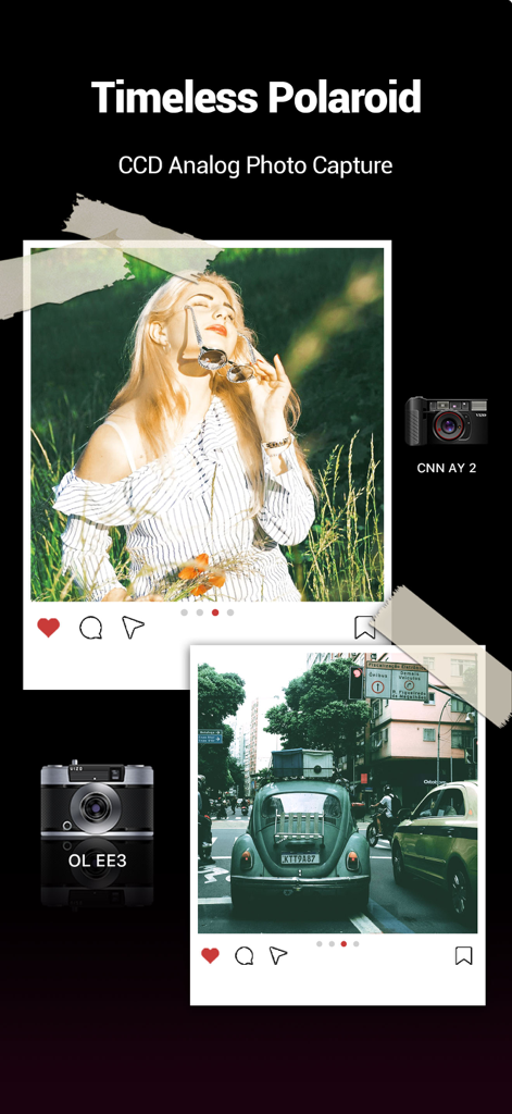 VizoCam-Filters&Vintage Camera - VizoCamのタイムレスポラロイドとCCDアナログ写真キャプチャ効果のショーケース。花畑にいる女性とレトロな車のヴィンテージスタイルの写真が特徴です。