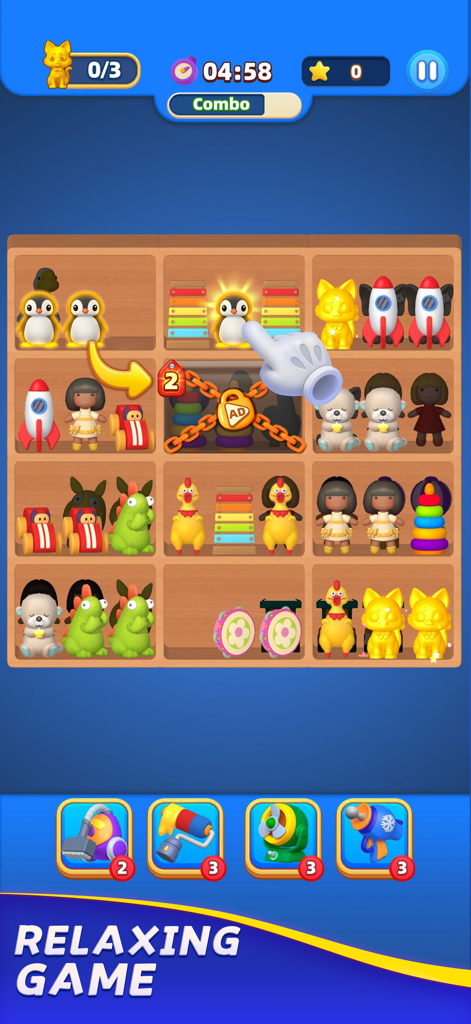 Triple Goods- Match 3D Game - A hand matching toy penguins on wooden shelves in a 3D goods sorting game.