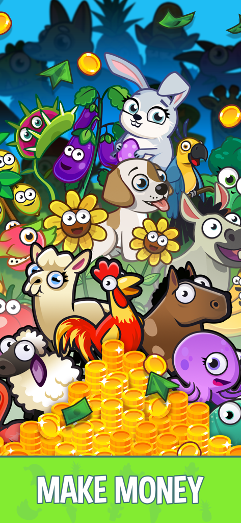 Idle Farming Empire - A group of colorful cartoon animals and crops standing above a massive pile of gold coins with the text Make Money