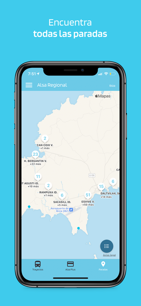Vista de mapa de la app ALSA Regional mostrando varias ubicaciones de paradas de autobús en Ibiza