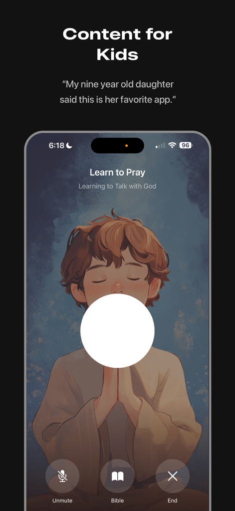 Faith app interface showing kids prayer content with an illustration of a child praying