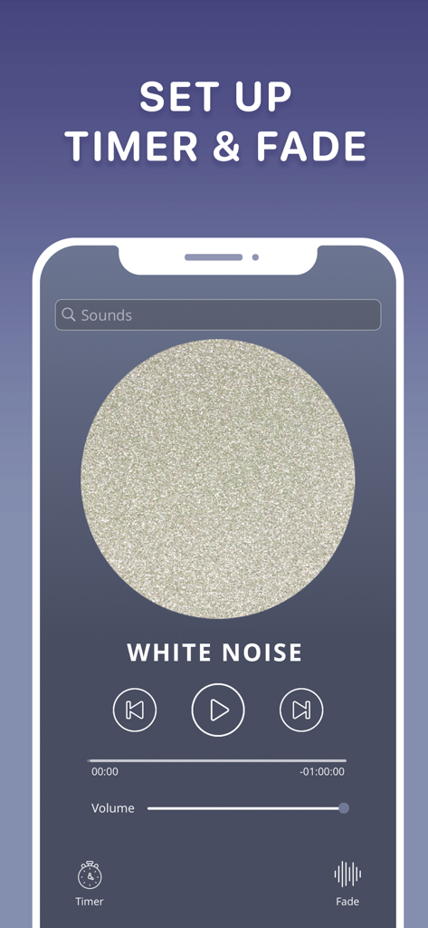 Interface de l'application Calm Baby Sleep montrant le lecteur de bruit blanc avec des commandes de minuterie et de fondu
