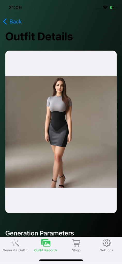 Jowy - Jowy mobile app showing an AI-generated outfit preview on a female model with a dark green gradient background.