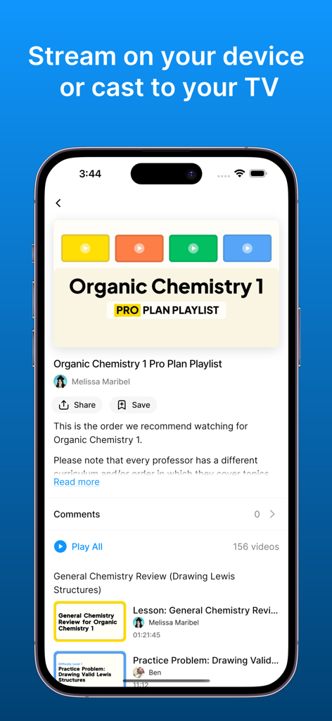 Interface do aplicativo Chemmunity mostrando uma playlist de vídeo de Química Orgânica com opções de streaming e transmissão