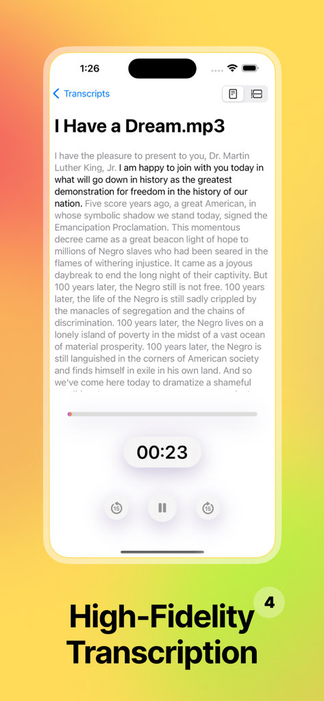Whisper Transcribe - Dictation - Whisper Transcribe app interface displaying a text transcript of an audio file with playback controls