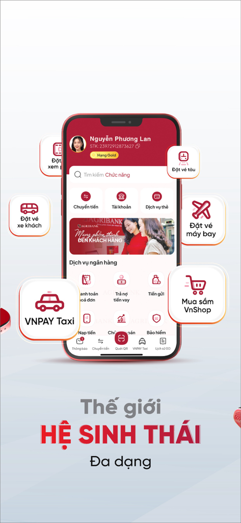 Agribank Plus mobile app interface featuring banking travel and shopping services in a diverse ecosystem