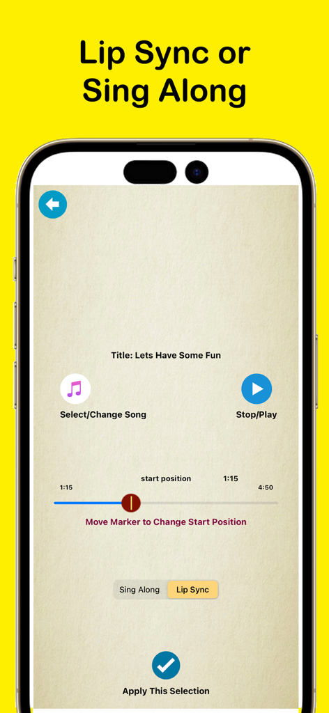 Crazy Helium Funny Face Voice - Interfaz para seleccionar música y editar la posición de inicio para sincronizar labios o cantar en la app