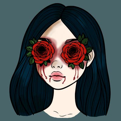 a realistic girl with roses for eyes