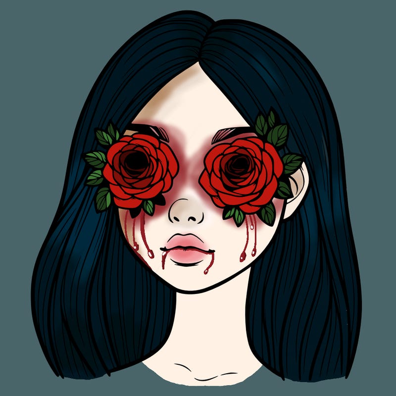 a realistic girl with roses for eyes