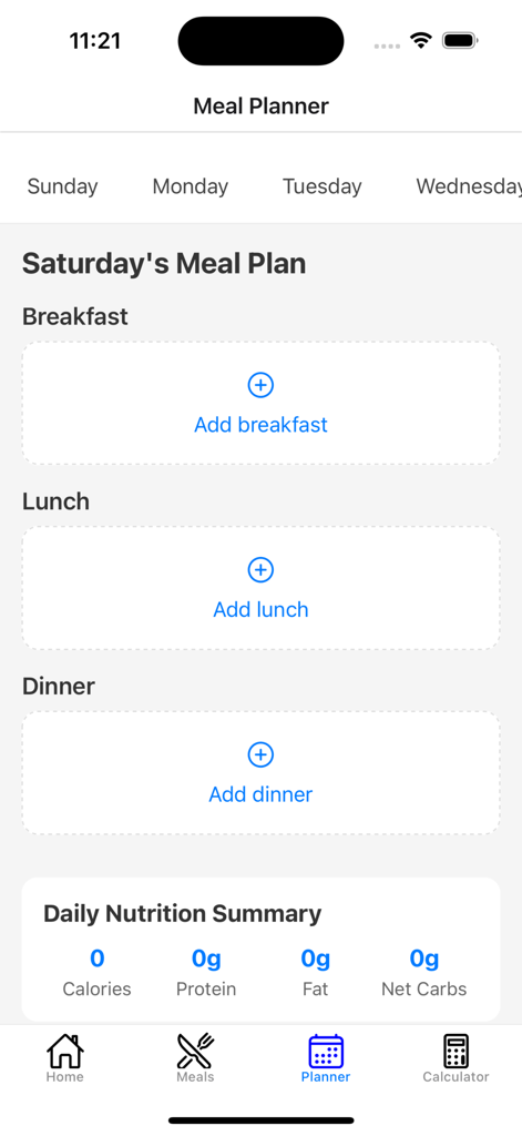 Keto Diet Recipes & Planner - Pantalla del planificador de comidas en la aplicación Keto Diet Recipes and Planner que muestra un horario diario para el sábado con resumen nutricional.