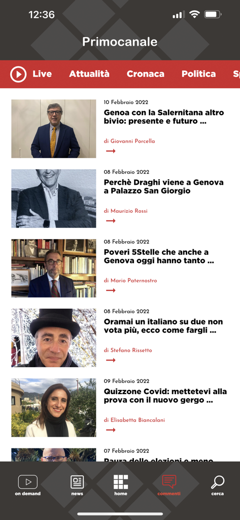 Primocanale.it - Oberfläche der mobilen Primocanale-App, die einen vertikalen Feed von Nachrichtenartikeln mit italienischen Schlagzeilen und Fotos von Journalisten zeigt.