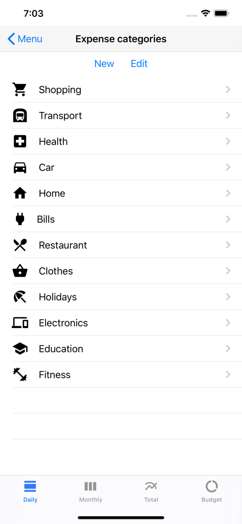 A screen displaying various expense categories like shopping, transport, and health with associated icons.