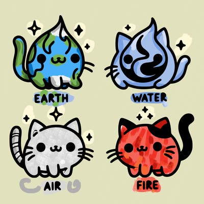 4 cats that represent the different elements, earth, water, air, and fire