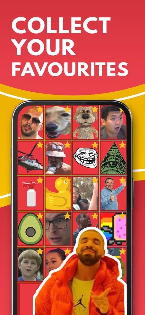 A smartphone screen showing a collection of internet meme icons with the text Collect Your Favourites