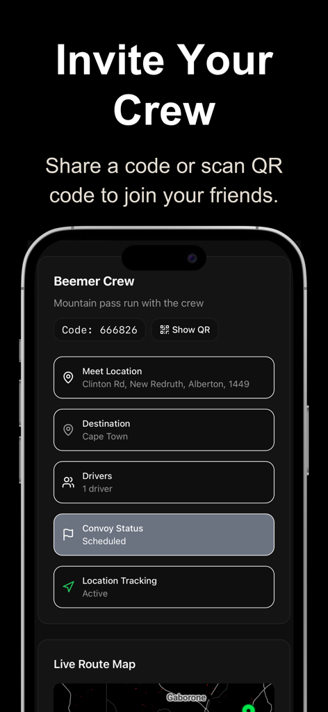 Convoy Tracker app interface for inviting group members to a scheduled drive with a join code and trip details