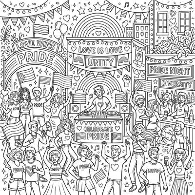 Dive into the heart of a lively Pride Night celebration with this dynamic coloring page. It captures the joy and diversity of a community coming together, complete with dancing revelers and a DJ.