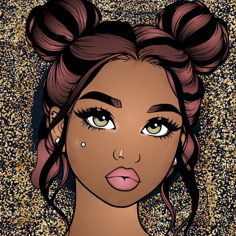 realistic girl with two buns on her hair and lips