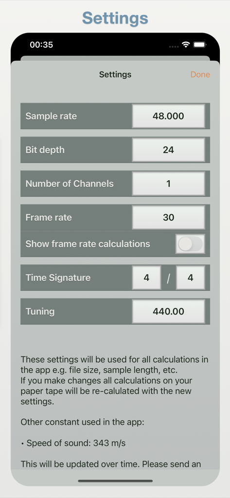 Settings screen of Studio Calculator showing audio configuration options including sample rate bit depth and time signature