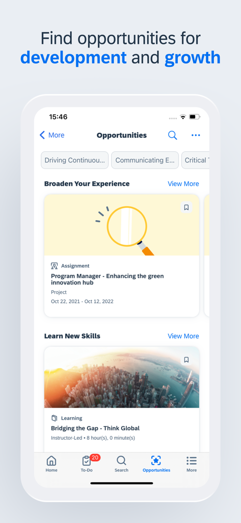 SAP SuccessFactors app interface for career development and skill building opportunities