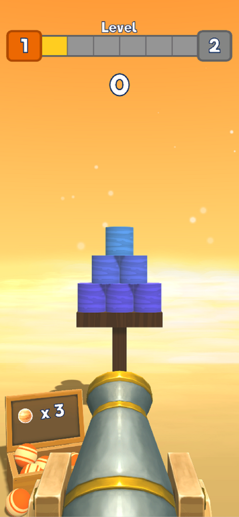 모바일 게임 Knock Balls에서 파란색 블록 더미를 조준하고 있는 대포