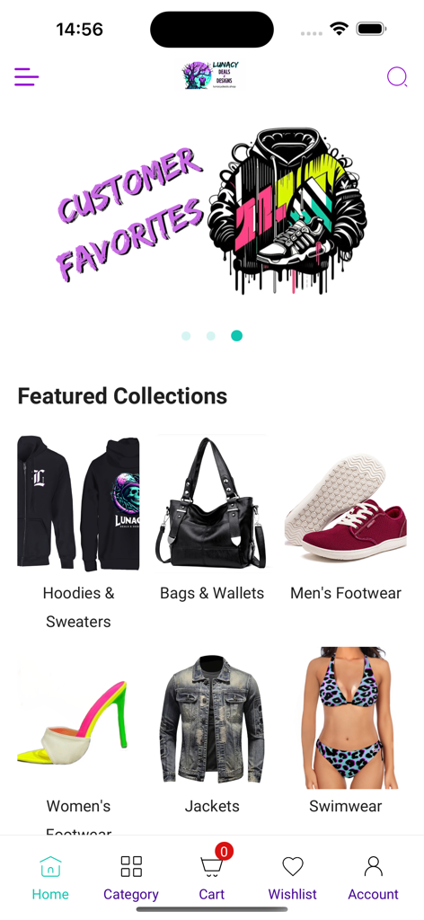 Lunacy Deals & Designs - Pantalla de inicio de la aplicación Lunacy Deals and Designs que muestra colecciones de streetwear urbano destacadas como sudaderas con capucha y bolsos.