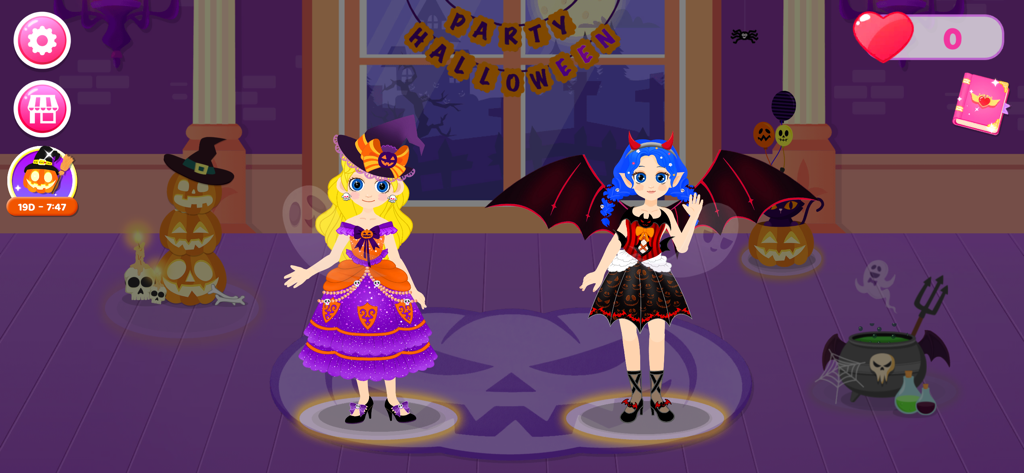 Lucy: Makeup and Dress up - Lucy y una amiga con disfraces de bruja y murciélago de Halloween en una sala de fiestas decorada